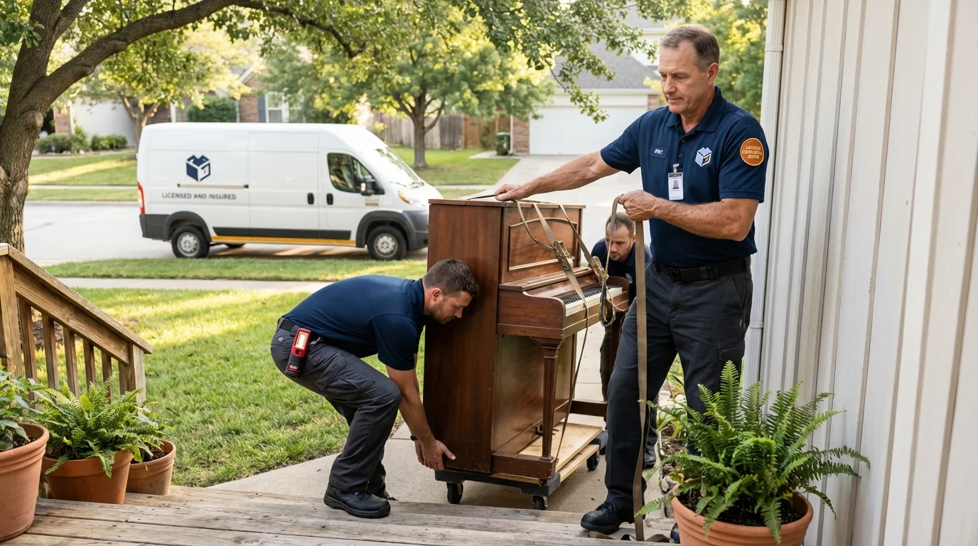 Licensed piano movers securing grand piano in West Point, GA