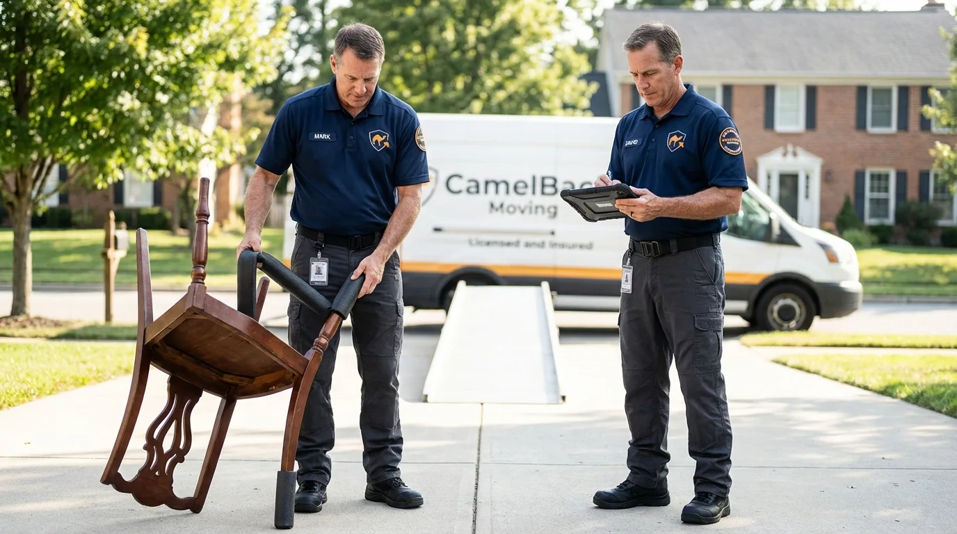 Movers inspecting furniture for damage prevention before loading in West Point, GA
