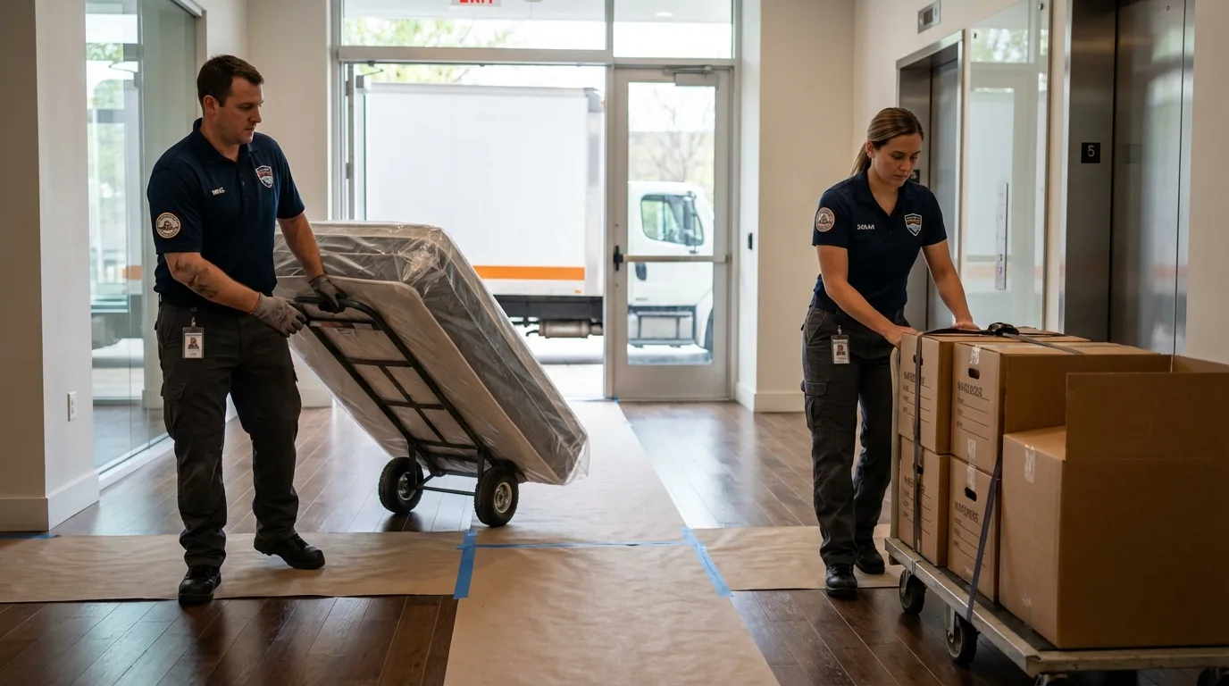 Professional apartment movers loading elevator in West Point, GA