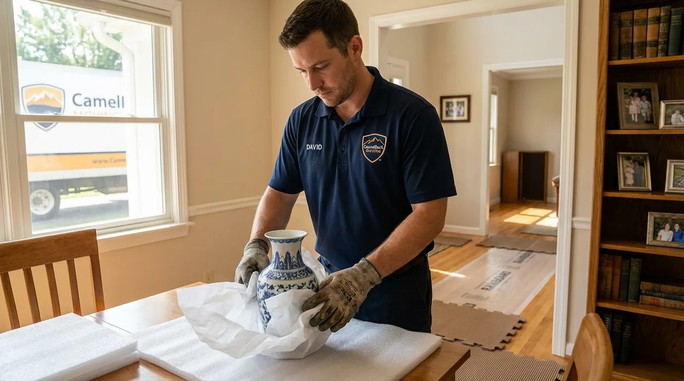 Professional crew carefully wrapping antique vase for senior downsizing move in West Point, GA